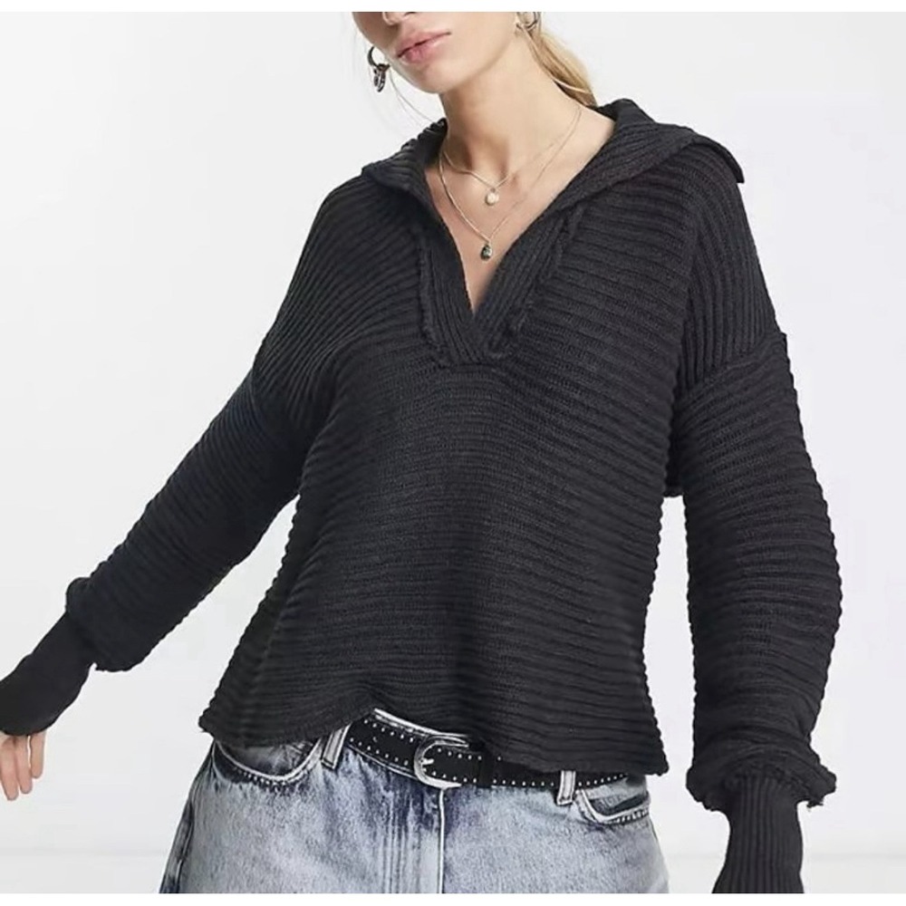 Free People Marlie Deep‎ V Ribbed Sweater Size M Charcoal Gray Casual Knit Cozy